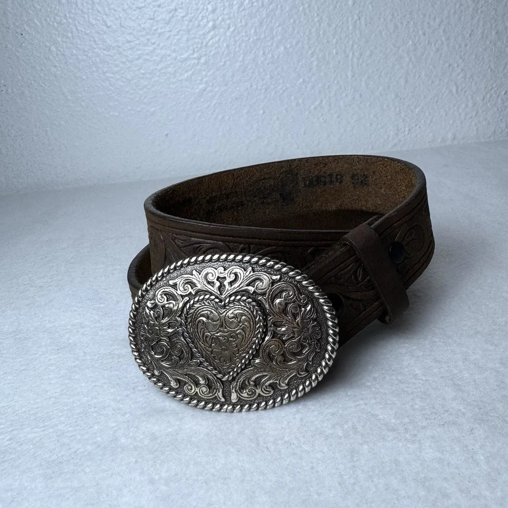 Justin Girl's Trophy Heart Western Belt With Silver Tone Buckle Adjustable 26